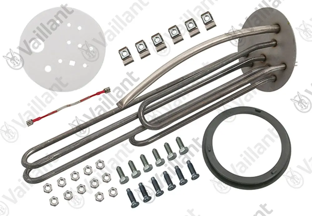Vaillant Heizelement mit mehreren Edelstahlrohren, Montagescheiben, Schrauben und Unterlegscheiben zur Installation.